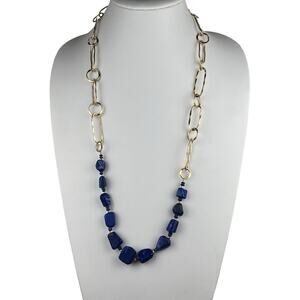 Lapis Lazuli Stone Brushed Gold Tone 30" Chain Necklace